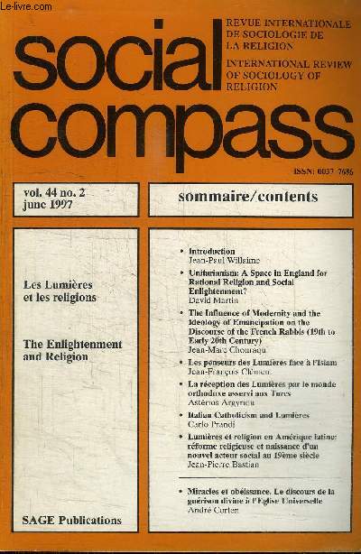 SOCIAL COMPASS VOLUME 44 N2 - Les lumires et les religions