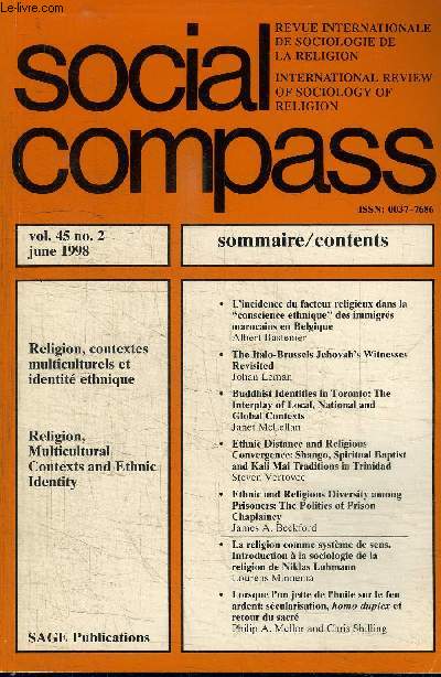 SOCIAL COMPASS VOLUME 45 N2 - Religion, contextes multiculturels et identit ethnique