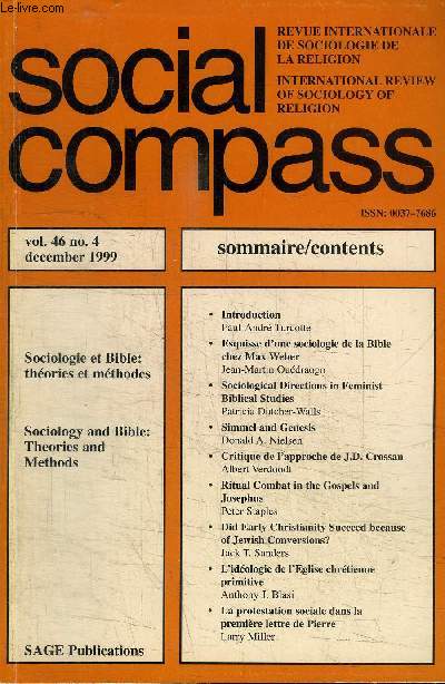 SOCIAL COMPASS VOLUME 46 N4 - Sociologie et Bible : thories et mthodes