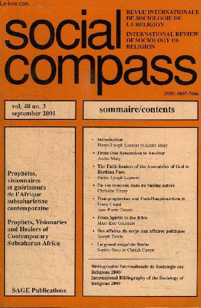 SOCIAL COMPASS VOLUME 48 N3 - Prophtes, visionnaires et gurisseurs de l'Afrique subsaharienne contemporaine