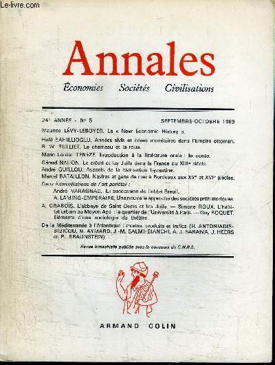 ANNALES - ECONOMIES, SOCIETES, CIVILISATION - N5 SEPTEMBRE-OCTOBRE 1969 - la 