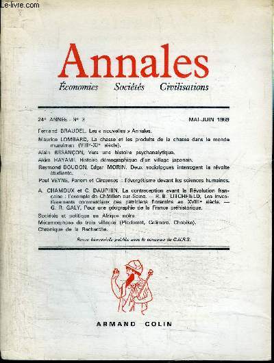 ANNALES - ECONOMIES, SOCIETES, CIVILISATION - N3 MAI-JUIN 1969 - Les 