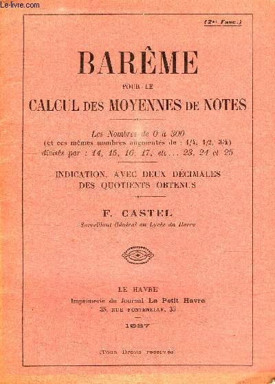 BAREME POUR LE CALCUL DES MOYENNES DE NOTES - 2me FASCICULE