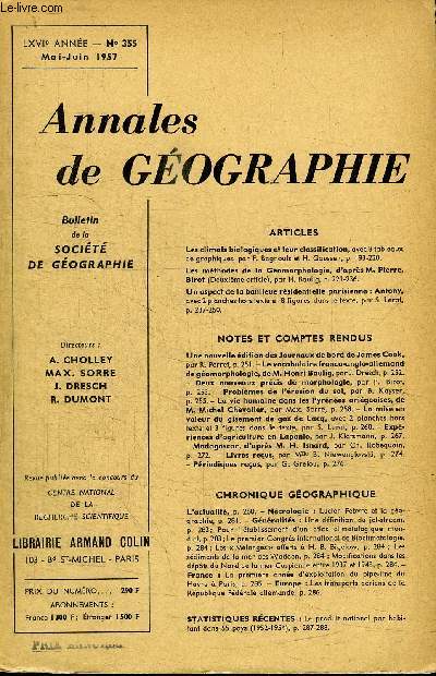ANNALES DE GEOGRAPHIE N355 - Les climats biologiques et leur classification, les mthodes de la gomorphologie, ...