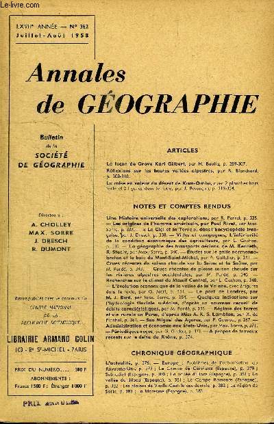 ANNALES DE GEOGRAPHIE N362 - La leon de Grove Karl Gilbert, rflexions sur les hautes valles alpestres, ...