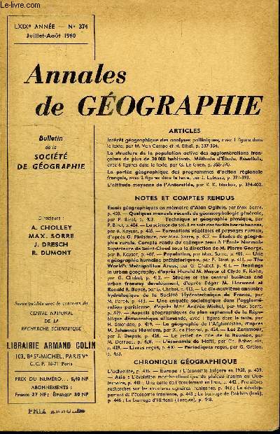 ANNALES DE GEOGRAPHIE N374 - Intrt gographique des analyses polliniques, la porte gographique des programmes d'action rgionale franais, ...