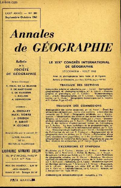 ANNALES DE GEOGRAPHIE N381 - Le XIXe Congrs International de Gographie - Stockholm - Aot 1960