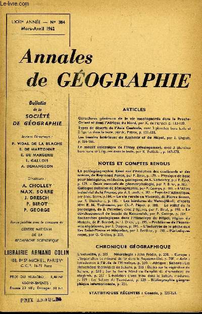 ANNALES DE GEOGRAPHIE N384 - Caractres gnraux de la vie montagnarde dans le Proche-Orient et dans l'Afrique du Nord, ...