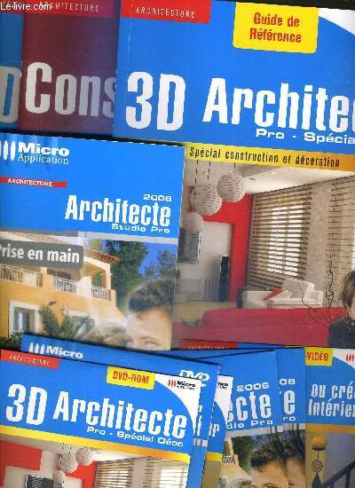 3D ARCHITECTE - PRO - SPECIAL DECO 2008 - COFFRET 4 LIVRES : pise en main... + 2 CD : installation, accs bonus... + 1 DVD-ROM : installation, fiches de bricolage... + 3 DVD VIDEO : acheter son terrain  batir, sa maison, son appartement...