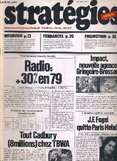 STRATEGIES N213 - 18 FEV. 24 FEV. 80 / Radio : +30% en 79 / Impact, nouvelle agence Gringoire-Brossard / Tout Cadbury (8 millions) chez TBWA / J.F. Fogel quitte Paris-Hebdo...