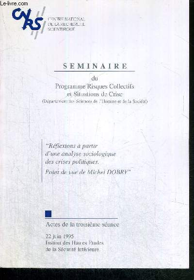 SEMINAIRE DU PROGRAMME RISQUES ET COLLECTIFS ET SITUATIONS DE CRISE - actes de la troisieme seance 22 juin 1995 / Sommaire : rflexions  partir d'une analyse sociologique des crises politiques. Point de vue de Michel Dobry