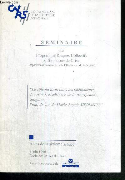 SEMINAIRE DU PROGRAMME RISQUES ET COLLECTIFS ET SITUATIONS DE CRISE - ACTES DE LA SIXIEME SEANCE - 6 JUIN 1996 / Sommaire : le rle du droit dans les phnomnes de crise. L'exprience de la transfusion sanguine. Point de vue de Marie-Angle Hermitte