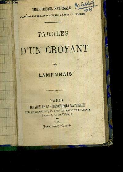 PAROLES D'UN CROYANT - COLLECTION BIBLIOTHEQUE NATIONALE