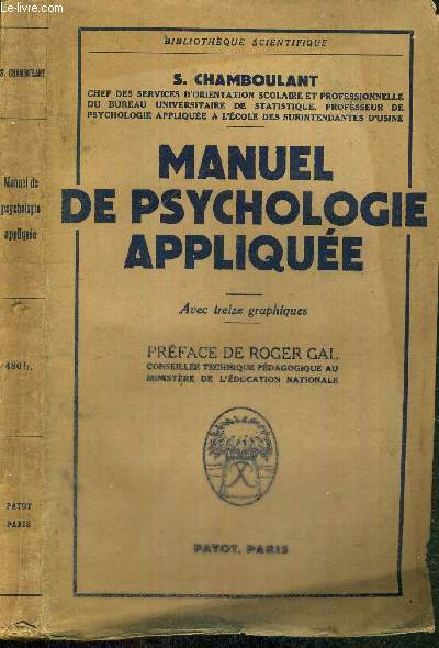 MANUEL DE PSYCHOLOGIE APPLIQUEE - BIBLIOTHEQUE SCIENTIFIQUE