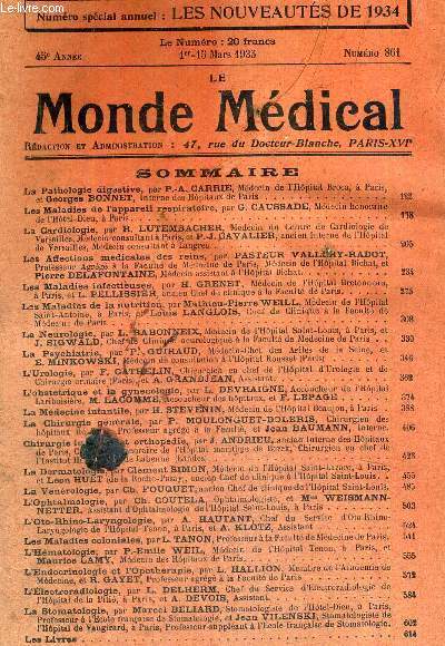 LE MONDE MEDICAL - REVUE INTERNATIONALE DE MEDECINE ET DE THERAPEUTIQUE - N861 - 1er au 15 mars 1935 - 45e anne - num. spcial annuel : les nouveauts de 1934
