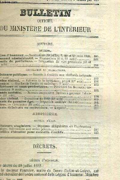 BULLETIN OFFICIEL DU MINISTERE DE L'INTERIEUR - N9 - 51e anne - 1888 + anne - 1888 + supplment : annexe militaire - recrutement -arme active - rserve - arme territoriale / conseils de prfecture : dsignation de vice-prsidents...