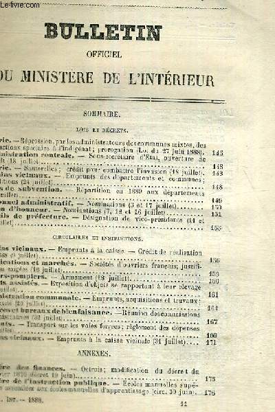 BULLETIN OFFICIEL DU MINISTERE DE L'INTERIEUR - N8 - 51e anne + supplment: service militaire - recrutement, arme active, rserve... / Algrie : repression, par les administrateurs des communes mixtes, des infractions spciales  l'indignat...