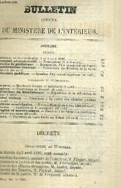 BULLETIN OFFICIEL DU MINISTERE DE L'INTERIEUR - N4 - 51e anne + supplment : service militaire / ministre : sa constitution / patentes : marchands forains et ambulants / hospices : Sanatorium de Banyuls...