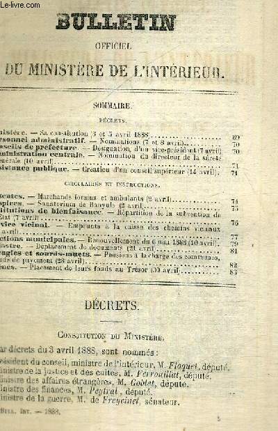 BULLETIN OFFICIEL DU MINISTERE DE L'INTERIEUR - N4 - 51e anne + supplment : service militaire / ministre : sa constitution / patentes : marchands forains et ambulants / hospices : Sanatorium de Banyuls...