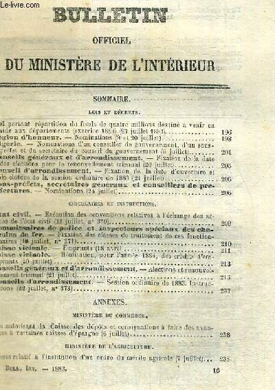 BULLETIN OFFICIEL DU MINISTERE DE L'INTERIEUR - N8 - 46e anne + supplment : annexe militaire / loi portant rpartition du fonds de quatre millions de quatre millions destin  venir en aide aux dpartements / lgion d'honneur : nominations...