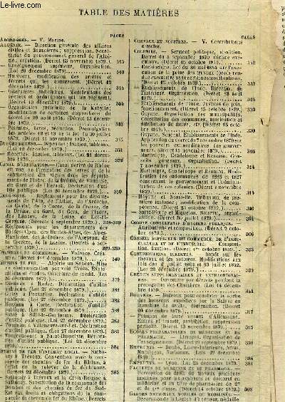 BULLETIN ANNOTE DES LOIS ET DECRETS - RECUEIL COMPLET DE LEGISLATION FRANCAISE - N12 - anne 1879 / Abordages : V. Marine / Algrie : direction gnrale des affaires civiles et financires; suppression. - huissiers...