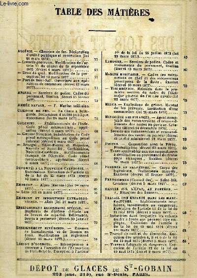 BULLETIN ANNOTE DES LOIS ET DECRETS - RECUEIL COMPLET DE LEGISLATION FRANCAISE - N5 - anne 1877 / Algrie : chemins de fer. Dclaration d'utilit publique / Angers : services de police. Cadre du personnel, fixation / arme navale...