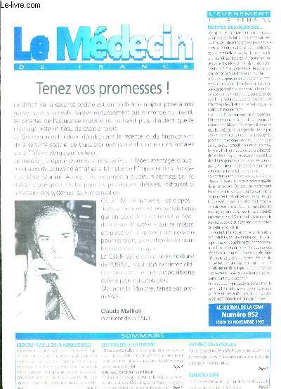LE MEDECIN DE FRANCE - N852 - 20 novembre 1997 / maitrise des dpenses / entretien avec le Dr J.P. Hurdebourcq / dossier : FMC conventionnelle - CSG : tous les mdecins vont trinquer...