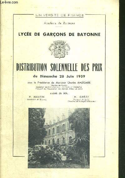 DISTRIBUTION SOLENNELLE DES PRIX DU DIMANCHE 28 JUIN 1959 - LUCEE DE GARCONS DE BAYONNE