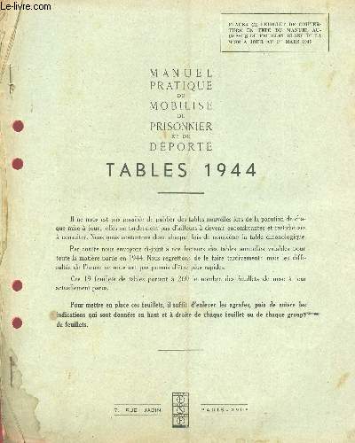 MANUEL PRATIQUE DU MOBILISE DU PRISONNIER ET DU DEPORTE - TABLES 1944 / la sauvegarde des interets familiaux, le loyer du mobilise.....