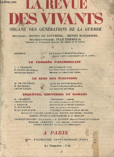 LA REVUE DES VIVANTS / N5 DE MAI 1928 - 2EME ANNEE / ORGANE DES GENERATIONS DE LA GUERRE/DEFENSE DE L AMERIQUE LATINE DE P. SCOTT MOWRER, EN AVION AU DESSUS DE L AFRIQUE DE LOUIS PROUST, DANS LES PRISONS DE FEMMES DE E. BOURCIER........