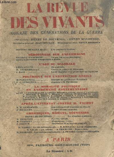 LA REVUE DES VIVANTS / N1-3EME ANNE DE JANVIER 1929/ORGANE DES GENERATIONS DE LA GUERRE - CE QUE J AI VU EN ALLEMAGNE DU VICOMTE D ABERNON, CONTRE LE PILLAGE DE L EPARGNE DE M. ARCHAMBAULT, LA LOI ANGLAISE ET LA PROTECTION DE L EPARGNE DE J. RAIS........