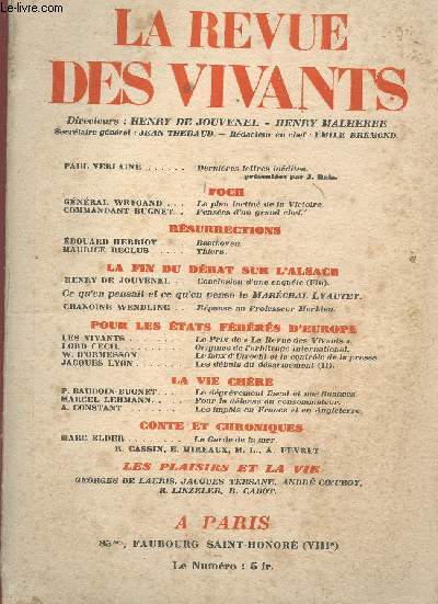LA REVUE DES VIVANTS - N4-3EME ANNEE/AVRIL 1929 - BEETHOVEN DE EDOUARD HERRIOT, ORIGINES DE LARBRITAGE INTERNATIONALE DE LORD CECIL, POUR LA DEENSE DU CONSOMMATEUR DE MARCEL LEHMANN, LES IMPOTS EN FRANCE ET EN ANGLETERRE DE A. CONSTANT