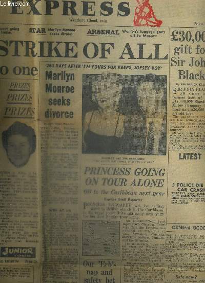 DAILY EXPRESS - N°16,934 - 5 octobre 1954 / Marilyn Monroe seeks divorce (une photo de Marilyn et Joe Dimaggio) / should the american forces stay here? / princess going on tour alone...
