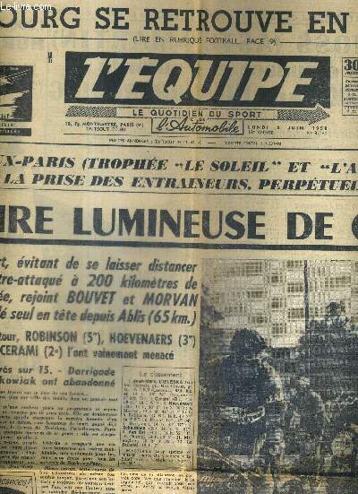 L'EQUIPE - LE QUOTIDIEN DU SPORT - N3.780 - 2 juin 1958 / Strasbourg se retrouve en division 1 / victoire lumineuse de Cieleska / les 