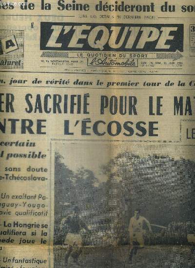 L'EQUIPE - LE QUOTIDIEN DU SPORT - N3.791 - 15 juin 1958 / les boucles de la Seine dcideront du sort de L. Bobet / demain, jour de vrit dans le premier tour de la coupe du monde / Rink Babka contre Al Oerter et les 200 pieds...