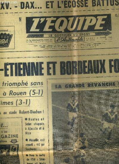 L'EQUIPE - LE QUOTIDIEN DU SPORT - N7.093 - 3 fvrier 69 / XV. Dax.. et l'Ecosse battu  domicile / Saint-Etienne et Bordeaux font le trou / triomphe autrichien au Kandahar / la cinquime porte de la Simca ...