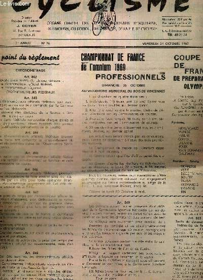 CYCLISME - N26 - 24 octobre 69 / championnat de France de l'omnium 1969 professionnels / un point de rglement : chronomtrage / coupe de France de prparation olympique / procs verbal de la runion du comit directeur...