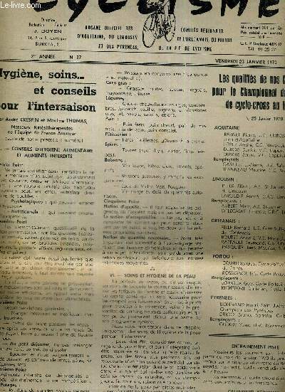 CYCLISME - N37 - 23 janvier 70 / conseils d'hygine alimentaire et aliments interdits - soins et hygine de la peau / les qualifis de nos comits pour le championnat de France de cyclo-cross au Havre / calendrier du comit du Poitou...