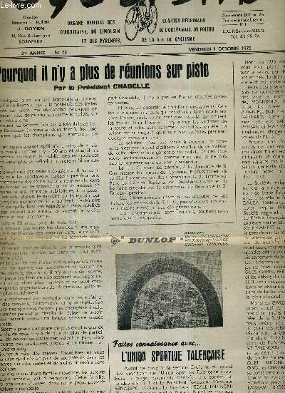 CYCLISME - N70 - 9 octobre 1970 / pourquoi il n'y a plus de runions sur piste / faites connaissance avec l'union sportive Talenaise / trophe Simca-Renaudel / mutations du 1er au 15 octobre 1970...
