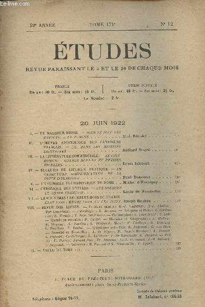 Etudes, revue paraissant le 5 et le 20 de chaque mois - 59me anne - tome 171 - N12