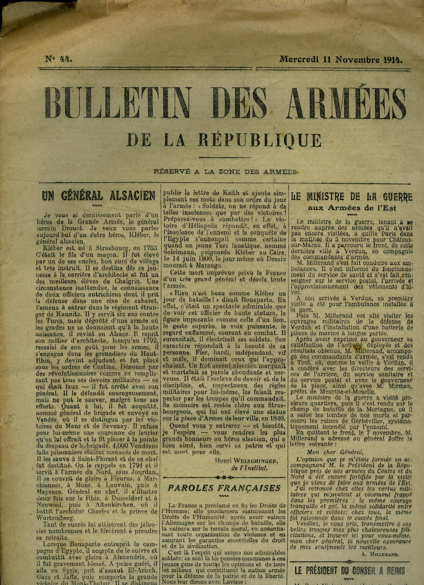 Bulletin des armes de la Rpublique n44 - Mecredi 11 Novembre 1914 : Un Gnral Alsacien : Drouot - Le Ministre de la guerre aux Armes de l'Est - Le Prsident du conseil  Reims - La fin des colonies allemandes : Au Congo, En Chine