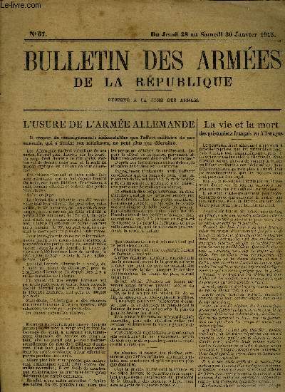 Bulletin des armes de la Rpublique n 67 + supplment - Du Jeudi 28 au Samedi 30 Janvier 1915