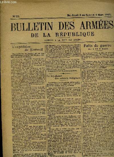 Bulletin des armes de la Rpublique n77 + supplment - Du Jeudi 4 au Samedi 6 Mars 1915 :