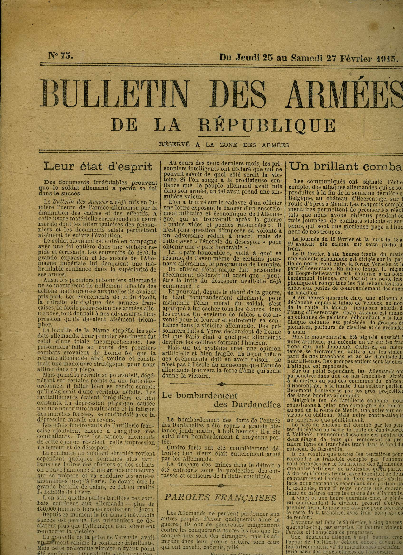 Bulletin des armes de la Rpublique n75 + supplment - Du Jeudi 25 au Samedi 27 fvrier 1915 :
