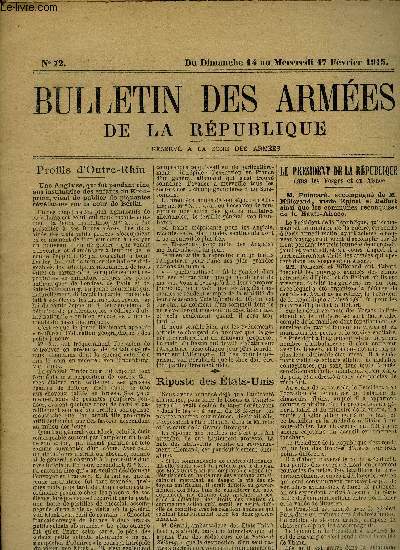 Bulletin des armes de la Rpublique n72 -Du Dimanche 14 au Mercredi 17 Fvrier 1915 + Supplment :