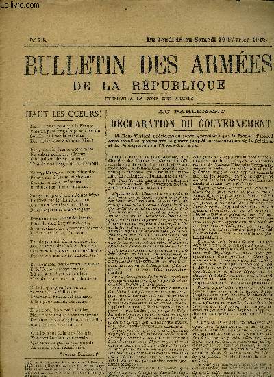 Bulletin des armes de la Rpublique n73 Du Jeudi 18 au Samedi 20 Fvrier 1915