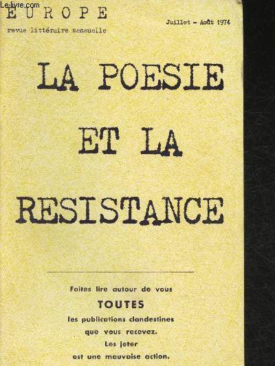 Europe - n543-544 - 52e anne - Juillet - Aot 1974 : la posie et la rsistance
