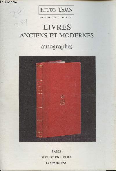 Catalogue de vente aux enchres- 12 octobre 1995- Htel Drouot salle 9 - Livres aciens et modernes, autographes