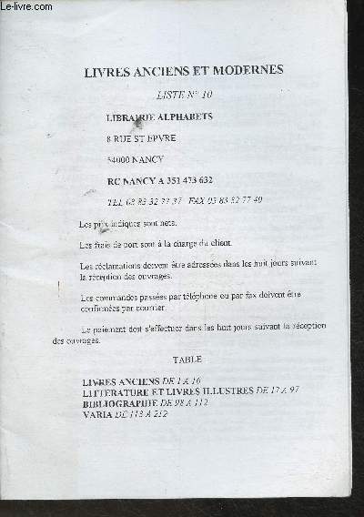 Catalogue de la Librairie Alphabets- Liste n10- Livres anciens, littrature et livres illustrs, bibliographie, varia