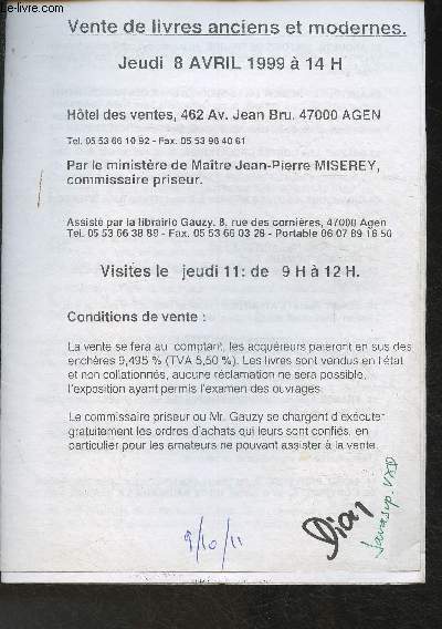Catalogue de vente de livres anciens et modernes-8 avril 1999
